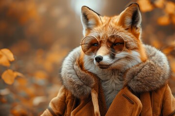 Obraz premium Stylish fox with round glasses and a warm coat posing in a beautiful autumn forest