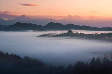 Sveti Tomaz church in a beautiful Slovenia during sunrise. Professional landscape photography of St. Tomas church in Slovenian Alps