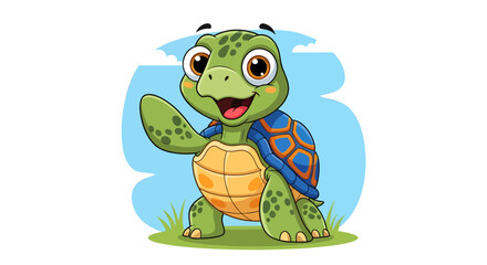 Naklejka premium Cute Cartoon Turtle Waving Hello with a Friendly Expression Against a White Backdrop