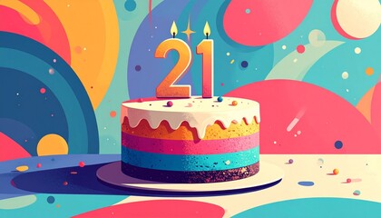 Retro illustration of a birthday or anniversary cake with a number 21 candle