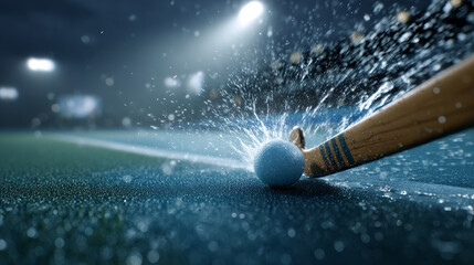 Field Hockey Stick and Ball in Rainy Match