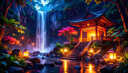Tranquil Japanese Waterfall Shrine at Twilight