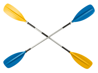 Two kayak paddles crossed displaying blue and yellow blades with silver shafts on a black background transparent background
