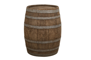 Obraz premium Wooden barrel with metal hoops, representing vintage storage for wine, beer, and whisky, on a transparent background