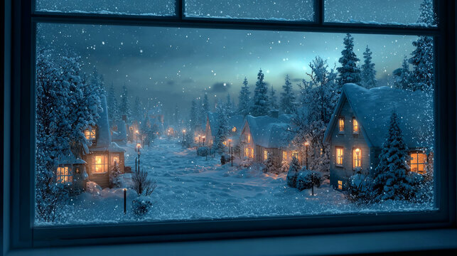Miniature Snowy Christmas Village Through Window