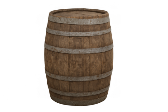 Wooden barrel with metal hoops, representing vintage storage for wine, beer, and whisky, on a transparent background - Powered by Adobe