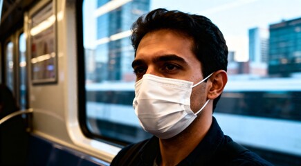 A contemplative young man wearing a protective face mask looks out the window while traveling on a city train, reflecting the new normal of commuting