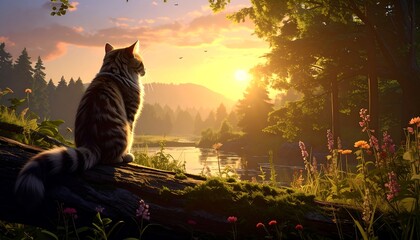 Serene view of a cat perched on log, watching the sunset over a lake surrounded by lush greenery and forested hills