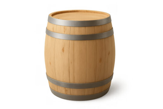 Wooden barrel with metal hoops storing beverages, isolated on transparent background, vintage container for wine and whiskey