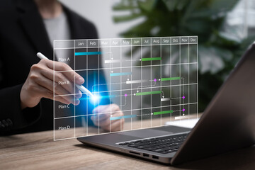 Project Schedule Planning and Management Concept, Businesswoman Marking and Reviewing Project Timeline, Controlling Work Schedule, and Managing Efficient Operations for Business Success, Target