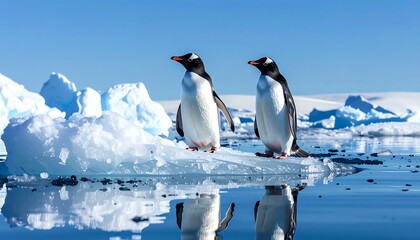 Fototapeta premium Two penguins stand on ice, reflecting in the water under a bright blue sky with iceberg backdrop