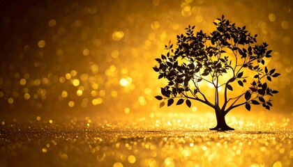 Silhouetted tree with dense leaves against a shimmering, bokeh-filled golden background creating a magical ambiance