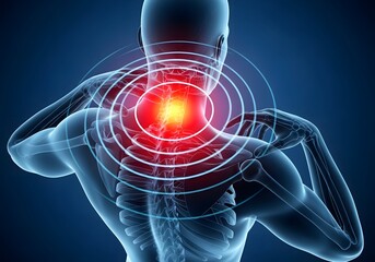 Man with intense shoulder pain glowing red digitally