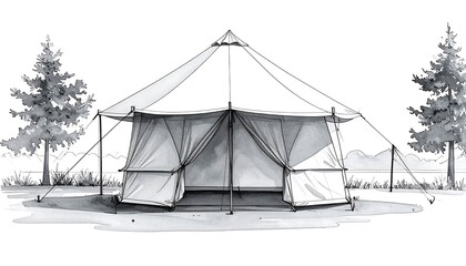 Sketch of a camping tent with open sides and two trees behind it under a sunny sky