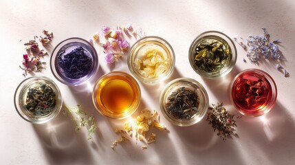 Colorful assortment of herbal teas and flowers arranged on a light surface