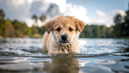 Small, furry puppy wades through shallow water, looking at the viewer with a slightly worried expression