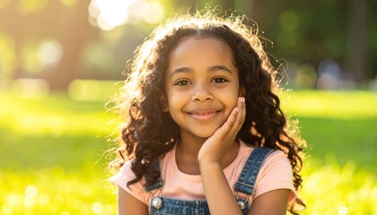 Smiling girl, curly hair, overalls, sits in sunlit grassy field, hand on cheek, warm light, happy