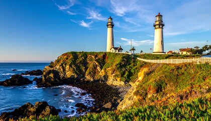 Two white lighthouses stand atop a grassy cliff overlooking a rocky ocean coastline under a partly cloudy sky