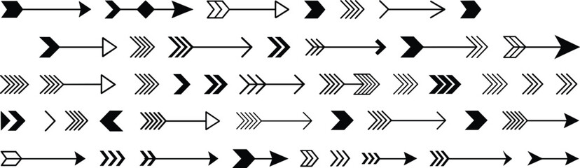 Large collection of black vector arrows, various styles, isolated icons, direction pointers set, tribal, boho, modern, flat design elements for web