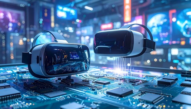 Two VR headsets rest on a complex motherboard, with a blurred cityscape backdrop, bathed in blue and purple light