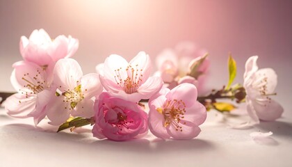 Soft, pink blossoms with visible stamen on a light surface, illuminated by gentle backlight, creating a serene scene