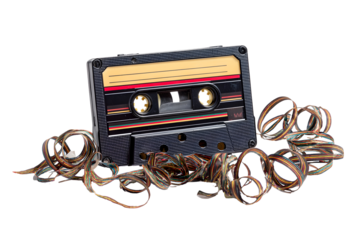 Retro audio cassette with entangled magnetic tape against a black background