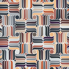 Seamless geometric pattern composed of interlocking, rounded shapes in a variety of colors, including shades of brown, gray, and orange on a white background. Retro abstract style. Vector image.