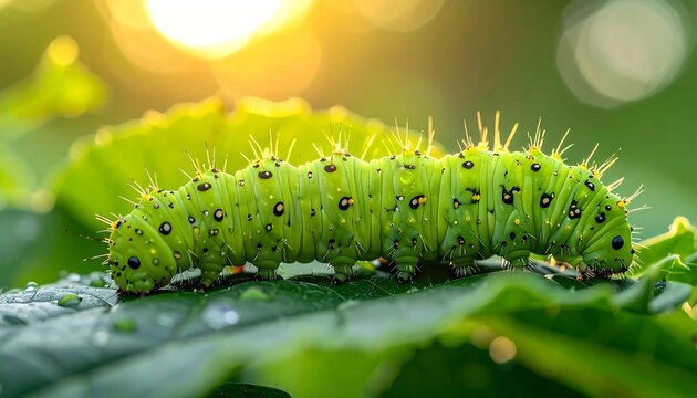 Vibrant green caterpillar crawls across a leaf, illuminated by sunlight. Dewdrops glisten adding a touch of freshness