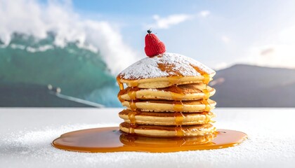 Stack of pancakes with syrup and strawberry against scenic mountain backdrop, dusted with powdered sugar