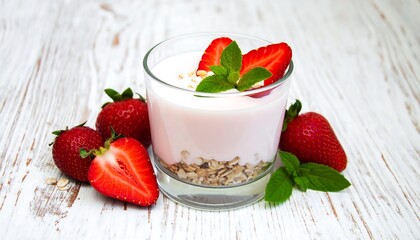 Strawberry yogurt in glass with fresh berries, mint, and oats on a weathered white wooden surface