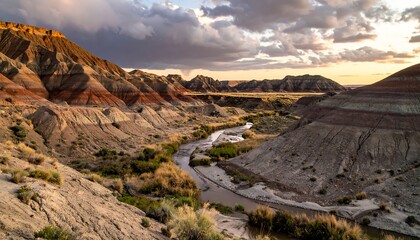 Striated rock hillsides flank a winding river under a sky of dramatic clouds at sunset; warm golden light