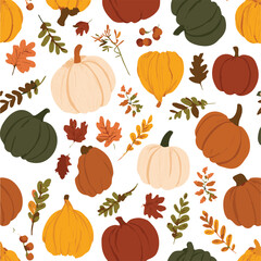 Seamless vector pattern with pumpkins and autumn leaves. Fall harvest background for Thanksgiving and Halloween. Isolated on white.