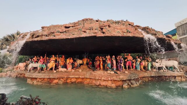 A vibrant scene of devotees gathered around the sacred Govardhan Hill in Mathura, depicting the legendary moment from Lord Krishna&rsquo;s divine protection story. Perfect for spiritual travel and cultural 