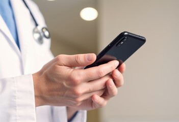 Doctor using smartphone in a medical setting, emphasizing technology in healthcare