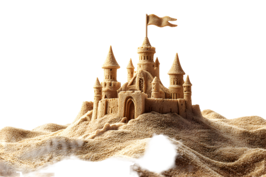 Whimsical sandcastle with tall towers and pointed roofs on sandy beach