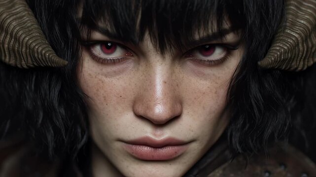 Intense horned woman with red eyes stares intently.