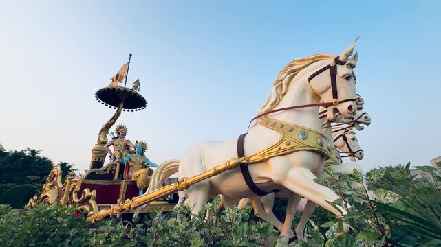 Lord Krishna and warrior Arjuna on a golden chariot, inspired by the Bhagavad Gita scene from the Mahabharata &ndash; Symbol of Guidance and Dharma.