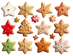 Assorted Holiday Cookies with Festive Shapes and Icing Decorations, Flat Lay Arrangement, Isolated on Transparent Background PNG