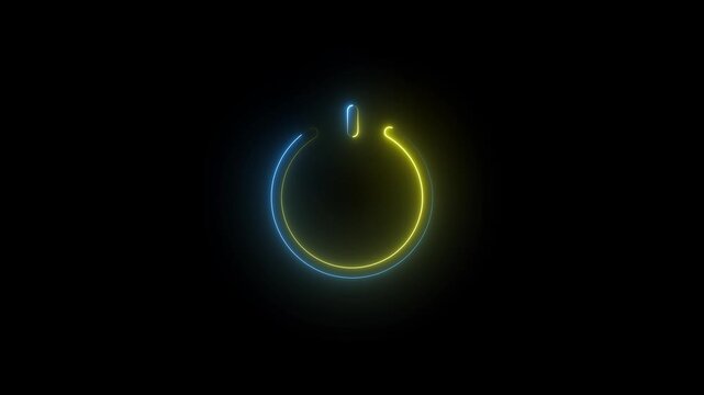 Glowing neon power reset button icon sign animation.