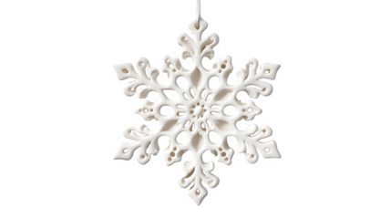 A matte white ceramic snowflake ornament, with intricate cut-out patterns, casting a soft shadow. Modern, minimalist, isolated on white background.