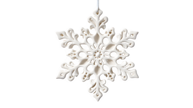 A matte white ceramic snowflake ornament, with intricate cut-out patterns, casting a soft shadow. Modern, minimalist, isolated on white background.