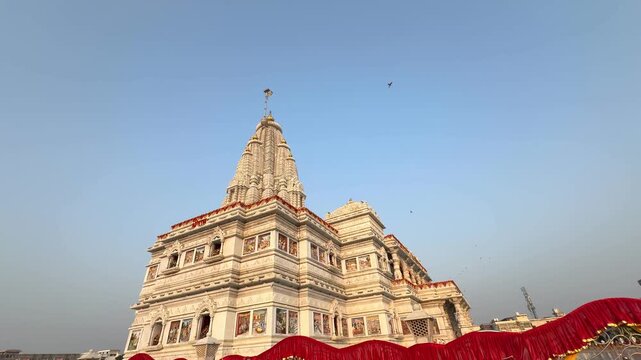 intricate marble carvings and golden spires of Prem Mandir, capturing the craftsmanship and divine artistry of Hindu temple design.