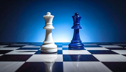Two chess queens, white and blue, stand on a checkered board under blue light, casting dramatic shadows