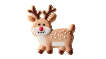 A meticulously decorated sugar cookie in the shape of a reindeer, with brown icing and tiny red nose. Festive, realistic, isolated on white background.