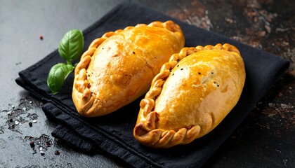 Two golden baked pastries rest on a dark napkin with basil, against a dark textured surface