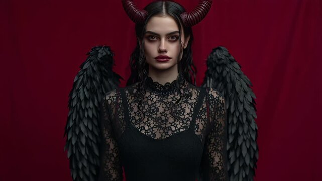 Dark angel woman with horns and black wings.