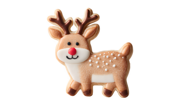 A meticulously decorated sugar cookie in the shape of a reindeer, with brown icing and tiny red nose. Festive, realistic, isolated on white background.