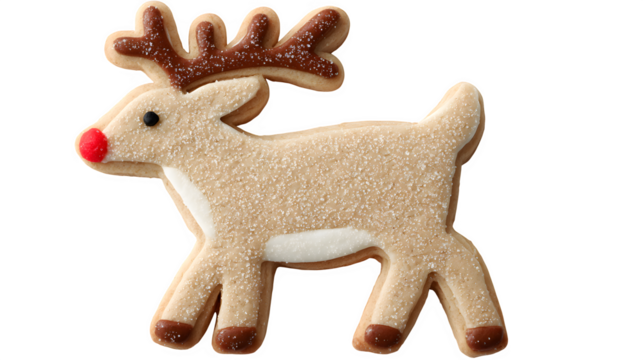 A meticulously decorated sugar cookie in the shape of a reindeer, with brown icing and tiny red nose. Festive, realistic, isolated on white background.