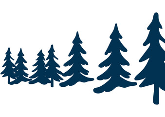 Row of dark blue tall pine tree silhouettes. Forest landscape element for christmas and winter holiday decoration. Nature and plant concept illustration.