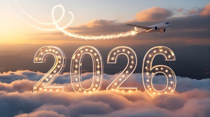 Glowing 2026 numbers adorned with lights against a dramatic sunset sky